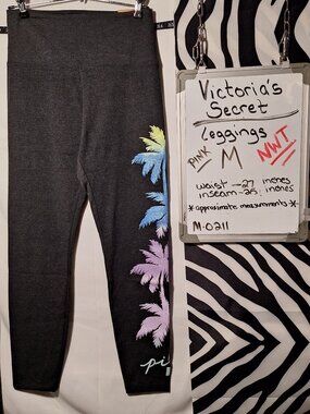 NWT Victoria's Secret PINK Leggings, Blk/Gr Heather w/Multi-Color Palm Trees, M